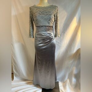 Silver ruged party dress with circular skirt and lace top 3/4 sleeves size SP